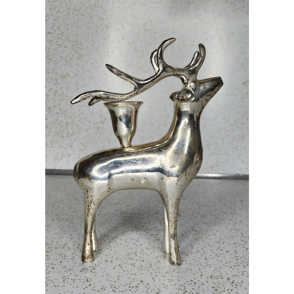 Pottery Barn 8" Silver Plated Reindeer Deer Antlers Taper Candle Holder